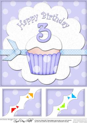8 x 8 3rd Birthday Cupcake Felties Scalloped Corner Topper