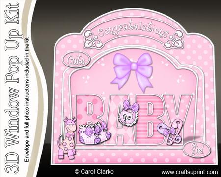 3D Baby Girl Single Window Pop Up Card N Envelope
