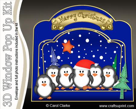 3D Penguins on Parade Single Window Pop Up Card N Envelope