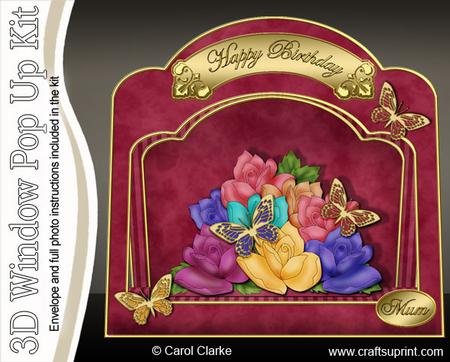 3D Roses N Butterflies Single Window Pop Up Card N Envelope