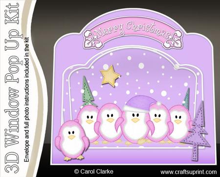 3D Pastel Penguins Single Window Pop Up Card N Envelope