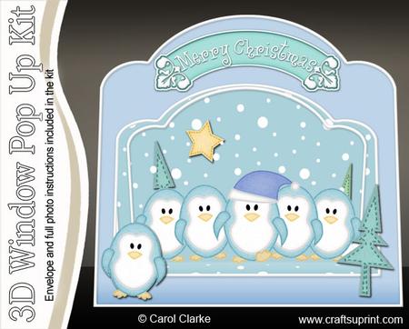 3D Penguins on Parade Single Window Pop Up Card N Envelope
