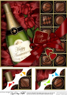 8 x 8 Anniversary Champers, Chocs N Roses Scalloped Topper