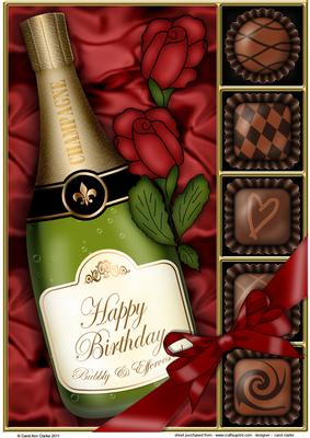 A4 Birthday Champers Chocs N Roses Card Topper