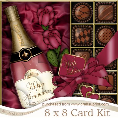 8 x 8 Anniversary Champers, Chocs N Roses Scalloped Corner