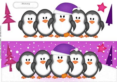 Large Dl Penguins on Parade Quick Card with 3D Decoupage