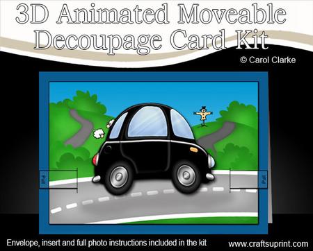 3D Funky Car Animated Moveable Decoupage Card Kit
