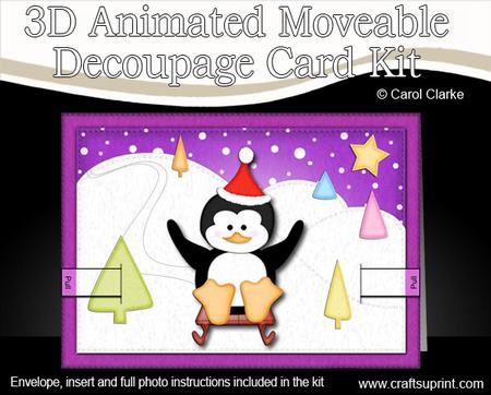 3D Sledging Penguin Animated Moveable Decoupage Card Kit