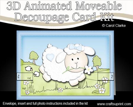 3D Little Lamb Blue Animated Moveable Decoupage Card Kit