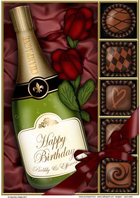 A4 Birthday Champers Chocs N Roses Card Topper