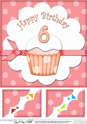 8 x 8 6th Birthday Cupcake Felties Scalloped Corner Topper