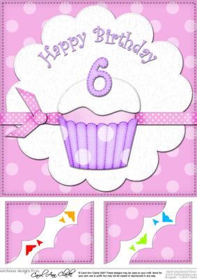 8 x 8 6th Birthday Cupcake Felties Scalloped Corner Topper