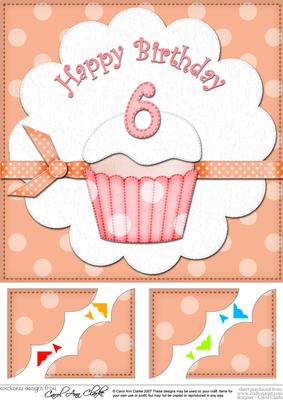 8 x 8 6th Birthday Cupcake Felties Scalloped Corner Topper