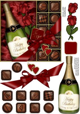 Birthday Champers Chocs N Roses Quick Card 3D Decoupage