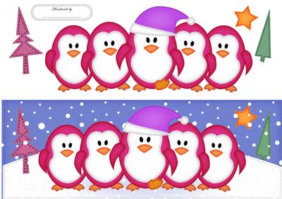 Large Dl Penguins on Parade Quick Card with 3D Decoupage