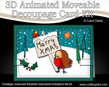 3D Xmas Robins Animated Moveable Decoupage Card Kit
