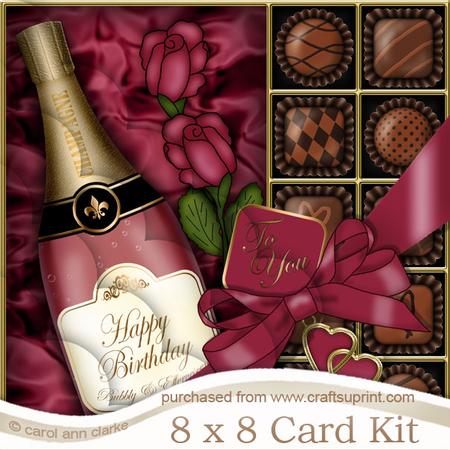 8 x 8 Birthday Champers, Chocs N Roses Scalloped Corner Kit