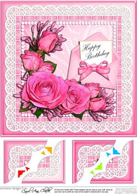 8 x 8 Birthday Roses Lace N Pearls Scalloped Corner Topper
