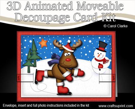3D Skating Rudolph Animated Moveable Decoupage Card Kit
