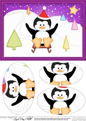 A5 Xmas Sledging Penguin Oval Pyramage Topper