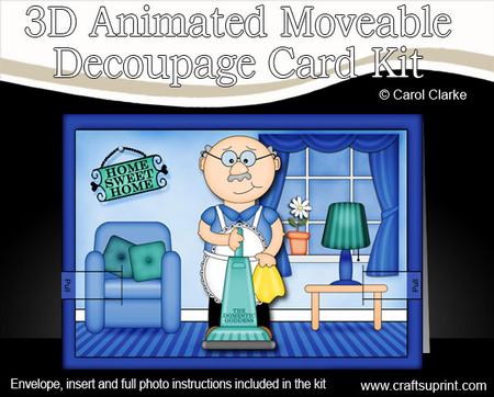 3D Housework Man Animated Moveable Decoupage Card Kit
