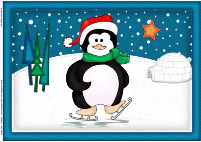 A4 Xmas Skating Penguin Felties Card Topper