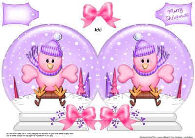 Xmas Sledging Little Birdie Snow Globe Shaped Card