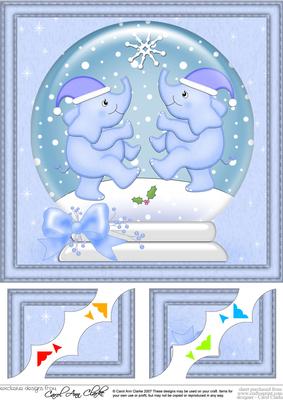 8 x 8 Xmas Elephants Snowglobe Scalloped Corner Topper