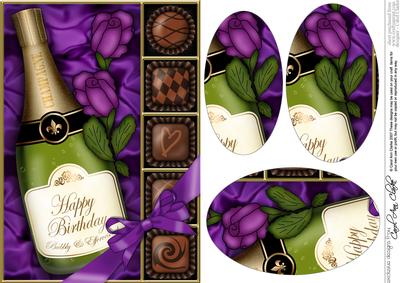 A5 Birthday Champers Chocs N Roses Oval Pyramage Topper