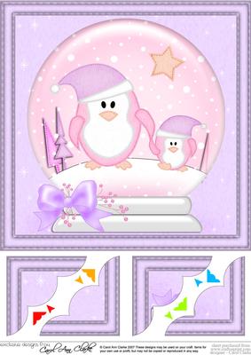8 x 8 Xmas Penguins Snowglobe Scalloped Corner