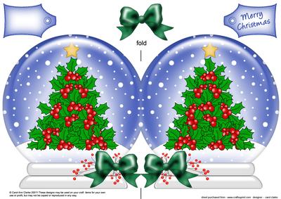 Xmas Holly Tree Snow Globe Shaped Card