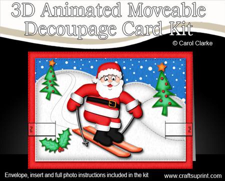 3D Xmas Skiing Santa Animated Moveable Decoupage Card Kit