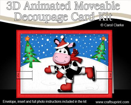 3D Xmas Skating Milly Moo Animated Moveable Decoupage Card