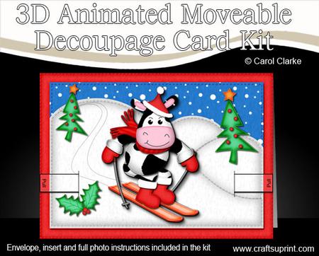 3D Xmas Skiing Milly Moo Cow Animated Moveable Decoupage Car
