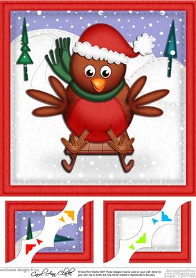 8 x 8 Xmas Sledging Robin Scalloped Corner Topper