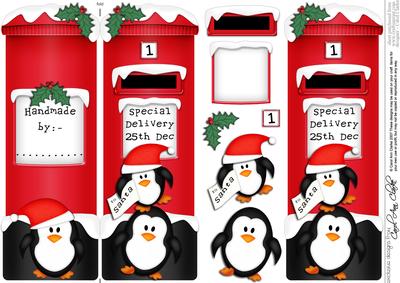 Xmas Penguins Postbox Shaped Card N 3D Decoupage