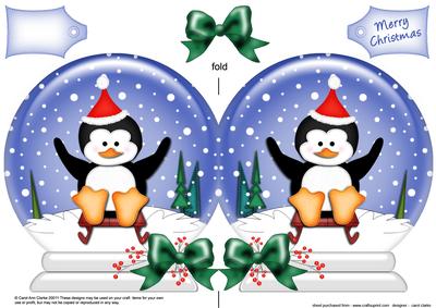 Xmas Sledging Penguin Snow Globe Shaped Card