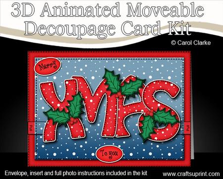 3D Xmas Holly Word Animated Moveable Decoupage Card Kit