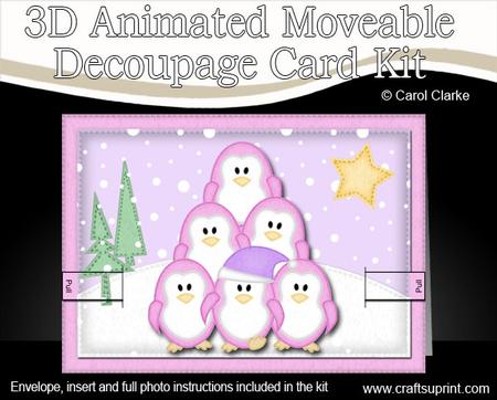 3D Xmas Penguins Animated Moveable Decoupage Card Kit
