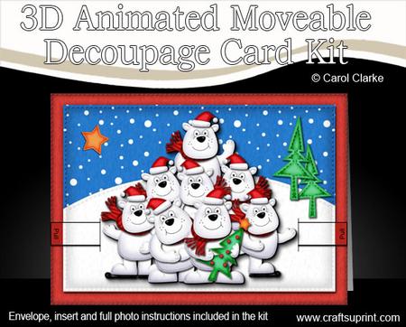 3D Xmas Polar Bears Animated Moveable Decoupage Card Kit