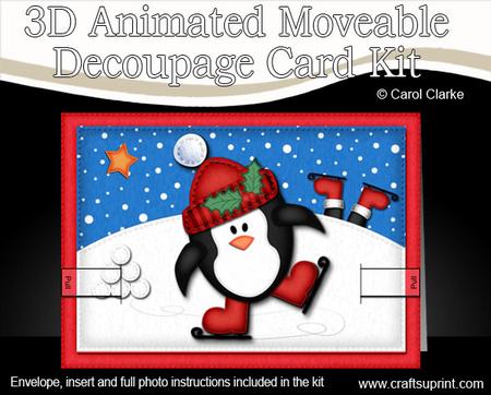 3D Xmas Skating Penguin Animated Moveable Decoupage Card Kit