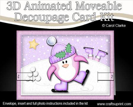 3D Xmas Skating Penguin Animated Moveable Decoupage Card Kit