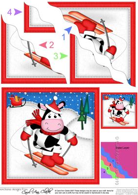 Xmas Skiing Milly Moo Cow Wavy Corner Side Stacker Topper