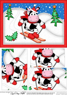 A5 Xmas Skiing Milly Moo Cow Pyramage Topper