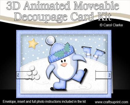 3D Xmas Skating Penguin Animated Moveable Decoupage Card Kit