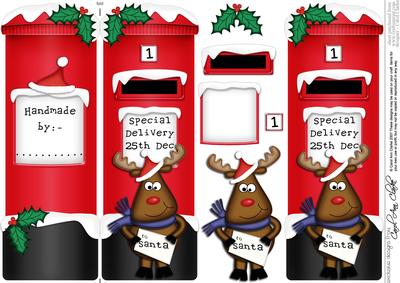 Xmas Rudolph Postbox Shaped Card N 3D Decoupage