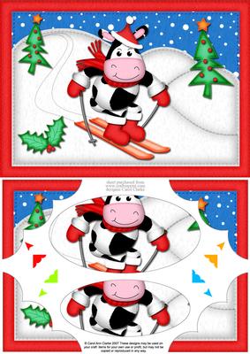 A5 Xmas Skiing Milly Moo Cow Scallop Corners and Pyramage