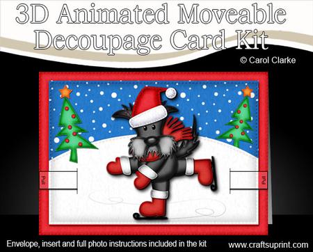 3D Xmas Skating Scottie Dog Animated Moveable Decoupage