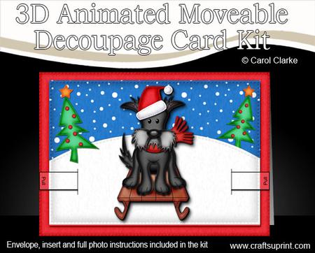 3D Xmas Sledging Hamish Scottie Dog Animated Moveable Card