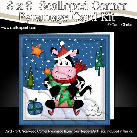 8 x 8 Xmas Sledging Moo Cow Card Kit with Scalloped Corners
